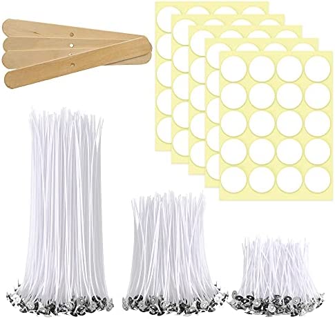 Candle Wicks, 150 pcs Pre Waxed Wicks with 2 pcs Wick Centering Devices and 100 pcs Candle Wick Stickers for DIY Candles Craft Tools Candle Making Kit (55 mm, 100 mm and 150 mm)
