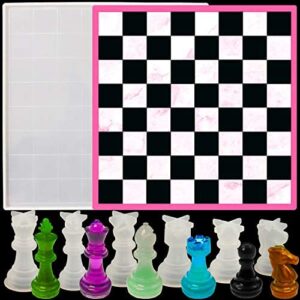 Chess Board Resin Mold Set, 1 Pcs Large Checker Board Epoxy Casting Mold with 6 Pcs 3D Chess Pieces Silicone Molds for DIY Art Crafts Jewelry Making, Family Board Games