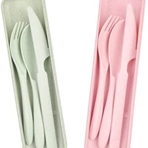 Cutlery Set with Case, 2Pcs Portable Plastic Flatware Camping Utensil Set, Reusable Travel Tableware Knife Spoon Fork Set for Outdoor Travel Picnic Office School (Green+Pink)