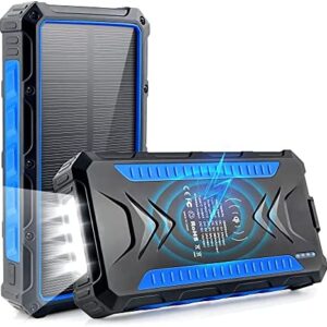 DJROLL 36000mAh Solar Power Bank, Qi Wireless Solar Portable Charger with LED Flashlights, Dual Outputs & Inputs Huge Capacity Battery Pack for Outdoor Activities Camera Cell Phones Consoles MP3 MP4