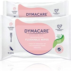 DYMACARE Flushable Wet Wipes | Gentle Biodegradable Unfragranced Moist Skin Cleansing Wipes with Aloe Vera | Great Personal Intimate Care Wipes for all the Family | Travel Size | 2 Packs (12 count)