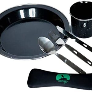ECOPOWER SPORTS Mess kit, 1 Person Camping & Picnic tableware Dining Set, Black 350ml Mug/24.5 CM Plate plus Stainless Steel Cutlery Knife With Bottle Opener, Fork, Spoon and Hygienic Pouch. 6PCS
