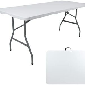 EPROSMIN Heavy Duty 6ft Folding Table Plastic Trestle for Garden Patio BBQ Picnic Party Dining Camping Catering Market White with Carrying Handle