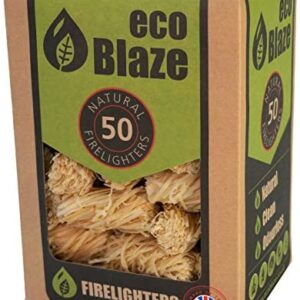 Eco Blaze Natural Firelighters ​​- Wood Wool Fire Lighters for Wood & Log Burners, BBQ & Pizza Oven Firestarters - Safe, Clean & Odourless Wax Coated Instant Spruce Fire Starters - 50 Box