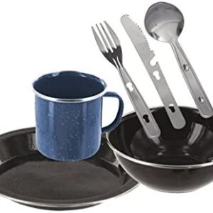 Enamel Camping Eating Set - Includes Knife, Fork, Spoon Set, Plate, Mug & Bowl (Black)
