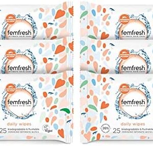 Femfresh Intimate Wipes - Flushable & Biodegradable Disposable Feminine Hygiene Vaginal Cloths with Calendula & Aloe Extracts - Freshening, Soothing, pH Balanced, Hypoallergenic – Pack of 6 x 25 Wipes