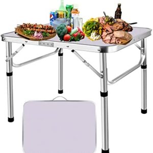 Foldable Picnic Camping Table 2 FT Aluminum Lightweight Adjustable Camping Desk for Indoor and Outdoor Kitchen Dinner Catering Buffet and Garden-Silver,with Sturdy Handle