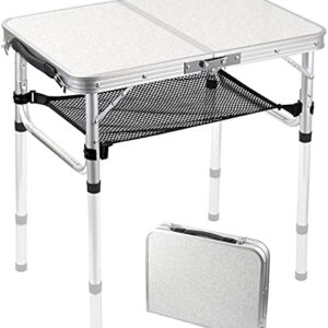 Folding Camping Table, Anbte Aluminum 60cm x 40cm Portable Table Picnic Table with Storage Net Adjustable Waterproof Lightweight Foldable Stored for Outdoor Indoor Picnic Beach Backyard(3 heights)
