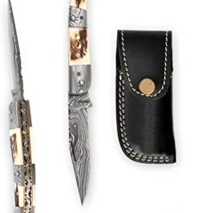 Handmade Damascus Folding knife -Stag Antler- Legal to carry - Work of Art for camping & Bushcraft