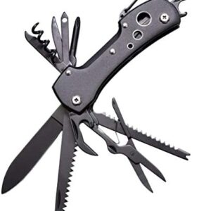 Heavy Duty 12 Function Multi Tool Knife UK Legal Carry Under 3" Inches with Utility Karabiner Clip. Includes Scissors Saw Knife Bottle and Can Opener Cork Screw Drivers and More! Solid Metal Construction