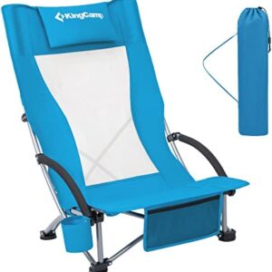 KingCamp Beach Chair Folding High Mesh Back Low Camping Chairs Lightweight Low Sling Reclining Beach Chair for Beach Fishing Camping Picnic Blue