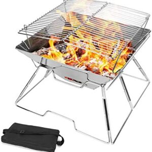 Odoland Collapsible Campfire Grill Camping Fire Pit, 304 Stainless Steel Grill Gate, Heavy Duty Portable Camping Grill with Carrying Bag