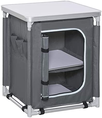 Outsunny 2-Shelf Camping Cupboard Camping Kitchen Station Cook Table Aluminum, Storage Organiser for BBQ Party Picnics Backyards with Carrying Bag