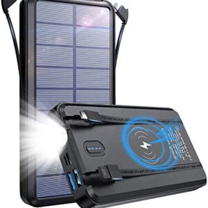 PSOOO Solar Power Bank 30000mAh, Wireless Portable Charger Qi Power Bank with 2 Outputs & LED Flashlight, USB C Quick Charge Waterproof iPhone Charger (Black)