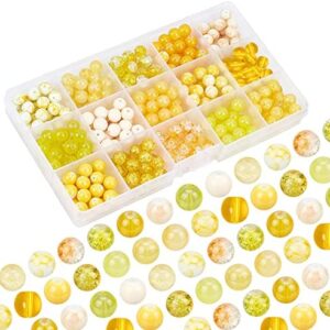 PandaHall 375Pcs 8mm Yellow Glass Beads, 15 Styles Spray Baking Painted Craft Beads Crackle Spacer Loose Beads Ball Acrylic Beads for Fall Bracelets Necklaces Earring Making Holiday