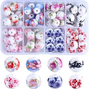 Porcelain Beads Handmade Printed Porcelain Beads for Jewelry Making Kits 10mm Printed Flower Beads Kits for Bracelet Jewelry Making Kits for Kids Adults,Christmas Gifts (80pcs )