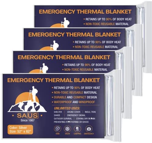 SAUS Emergency Blankets, Foil Space Thermal Blanket for Outdoor Sport, Camping, Mylar Survival Equipment First Aid Bag Kit