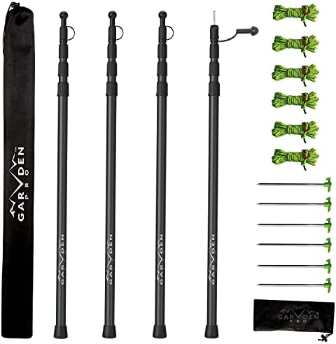 Set of 4 Telescoping Tarp Poles | Replacement Canopy Adjustable Aluminum Rods, Portable & Lightweight for Tent Fly, Awning, Outdoor Camping, Hiking, Backpacking & Rainfly + 6 Pegs & 6 Reflective Ropes