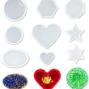 Silicone Resin Molds 9 PCS. Round, Oval, Hexagon, Octagon, Heart, Star Shapes. Different Sizes. for Casting Gifts, Coasters, Soap Making, Jewelry, Keychains, Pendants, DIY Art Projects, Crafts.
