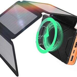 Solar Power Bank 26800mAh, PD 18W Fast Charging Qi10W Wireless Power Bank Solar with 4 Foldable Solar Panels, 3 USB/Type C Outputs and LED Flashlight for Cell Phone Tablets, Outdoor Camping