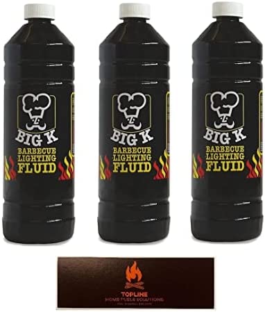 Topline Pack of 3 Big K Barbeque Firelighter Odourless Fluid - BBQs, Firepits- Indoor fires & log burners - Camping Grill -Bonfire - 1000ml With Complimentary Barbeque Matches
