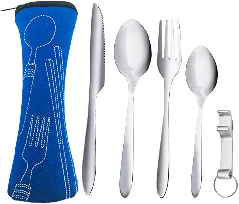 ZKSM 5pcs Camping Cutlery Set Stainless Steel Flatware Set with Knife, Fork, Spoon, Tea Spoon, Bottle Opener Portable Utensils for Travel Camping Include Storage Bag