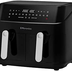 EMtronics EMDAF9LD Dual Air Fryer Extra Large Family Size Double XL 9 Litre Digital with 12 Pre-Set Menus for Oil Free & Low Fat Healthy Cooking, 60-Minute Timer - Black