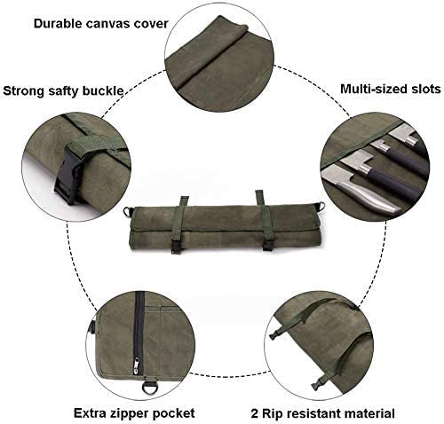 Chefs Knife Roll Bag, 12OZ Waxed Canvas Knife Bag, Knife Case Storage Tote, 11 Slots Tool Roll Cutlery Tool Case for Camping Hiking - Image 2