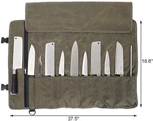 Chefs Knife Roll Bag, 12OZ Waxed Canvas Knife Bag, Knife Case Storage Tote, 11 Slots Tool Roll Cutlery Tool Case for Camping Hiking - Image 4