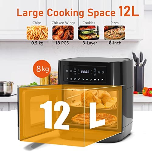 Luby 12L Air Fryer Oven with Rapid Air Circulation, Smart Oven with 9 Presets, Digital LED Touch Screen Control Air Fryer, Electric oven, Rotisserie, Air Fry Basket, 1900W, Black - Image 3