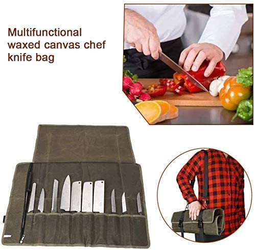 Chefs Knife Roll Bag, 12OZ Waxed Canvas Knife Bag, Knife Case Storage Tote, 11 Slots Tool Roll Cutlery Tool Case for Camping Hiking - Image 6