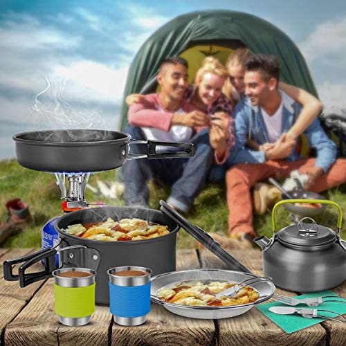 Odoland 16pcs Camping Cookware Kit with Folding Camping Stove Suit 2 People, Non-Stick Pot Pan Kettle Set with Stainless Steel Cups Plates Forks Knives Spoons for Outdoor Cooking and Picnic - Image 9