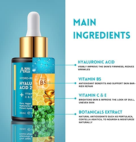 ANAiRUi 2% Hyaluronic Acid Serum for Face, Hydrating Serum with Vitamin B5, C & E - Intense Hydration + Moisturizer, Plump and Smooth Skin, Increase Firmness, Anti-Aging Serum & Antioxidants, 30ml - Image 3
