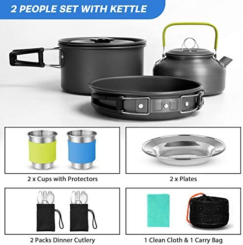 Odoland 16pcs Camping Cookware Kit with Folding Camping Stove Suit 2 People, Non-Stick Pot Pan Kettle Set with Stainless Steel Cups Plates Forks Knives Spoons for Outdoor Cooking and Picnic - Image 2