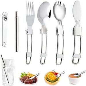 6 Piece Foldable Camping Cutlery Set, Travel Stainless Steel Silverware Portable Tableware with Reusable Knife Spoon Fork Bottle Opener Straw and Storage Bag for Outdoor Picnic Barbecue Hiking