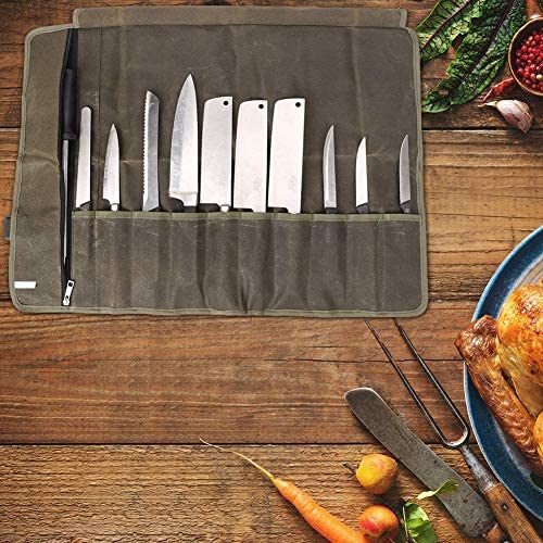 Chefs Knife Roll Bag, 12OZ Waxed Canvas Knife Bag, Knife Case Storage Tote, 11 Slots Tool Roll Cutlery Tool Case for Camping Hiking - Image 7