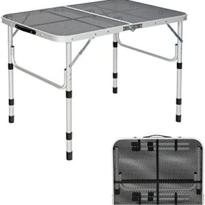 COSTWAY Folding Grill Camping Table, Portable Iron Mesh Picnic Table with 4 Position Adjustable Height and Carrying Handle, Aluminum Frame Dining Table for Indoor Outdoor BBQ Party