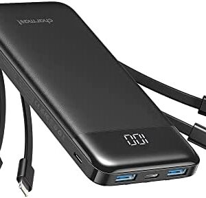 Charmast Power Bank with Built in Cables X 4, 10000mAh USB C Battery pack 6 Outputs 3 Inputs with LED Display Type C Powerbank Portable Charger Compatible with Smartphones Tablets and More