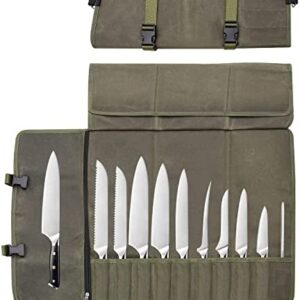 Chefs Knife Roll Bag 11 Slots, Heavy Duty Waxed Canvas Knife Bag, Hold Home Kitchen Knife Tools Up to 18”, for Camping, Hiking(Army Green)