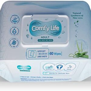Comfy Life Premium Full Body Cleansing Wet Wipes for Adults - Large Luxury Fresh-Feel Rinse-Free Fragrance-Free Bed Bath Intimate-Care Soft Sheets (1 Pack (80 Wipes))