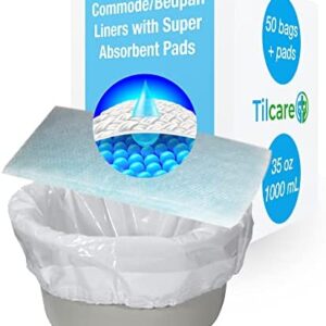 Commode Liners with Super Absorbent Pads Pack of 50 by Tilcare - for Bedpans, Portable Toilets & Bedside Commode Chairs - Disposable Bucket Liners for Hospital, Home - Absorb up to 35 oz /1000ml