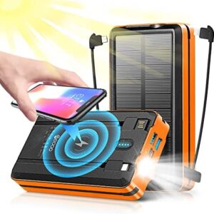 Solar Power Bank 30000mAh, Wireless Portable Solar Charger Built-in Dual USB & Type C Fast Charging with 4 Outputs 3 Inputs LED Flashlight Compatible All Phones,Orange