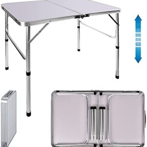 Table 90 x 60cm Folding Camping Table Garden Picnic Table 2 Adjustable Height 67/37cm Lightweight Aluminum Frame Foldable Dining Table Outdoor Garden BBQ Beach Tables 3FT Fold-in-Half Table, White