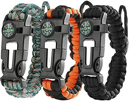 3 Pack Survival Paracord Bracelet Flint Fire Starter Scraper Compass Wilderness Survival Whistle for Camping, Bushcraft, Emergency Kit Survival Kit with Compass Paracord Bracelets