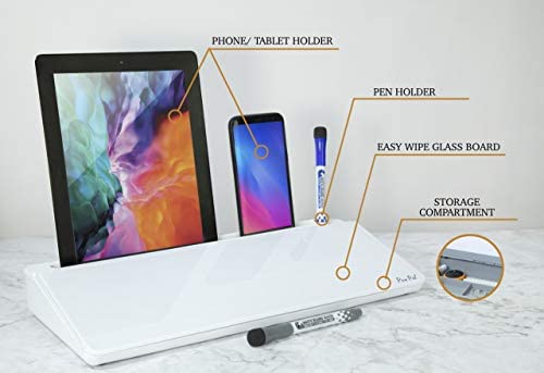 PenPal Dry Wipe Desk Whiteboard Glass Pad with Storage Compartment | Desk Organiser, Phone, Tablet and Pen Holder, 2 Pens Included | Desk Accessory for Home or Office (Arctic White) - Image 4