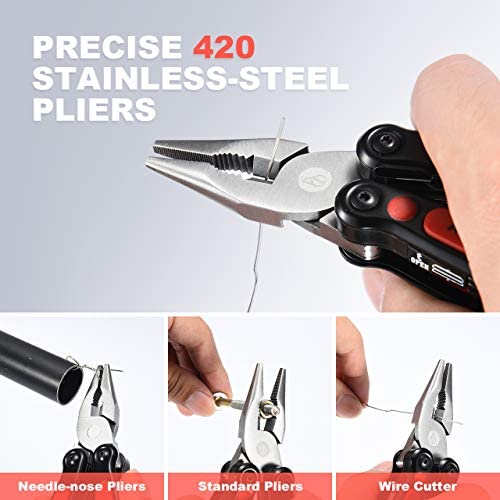 BIBURY Multitool, 14 in 1 Multitools Pliers with Can Opener, Scissors, Light, Pocket Size EDC Multi Tool with Nylon Pouch for Fishing, Outdoor Activities, Home Improvement, Camping - Red - Image 2