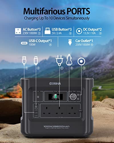 CERIHA Portable Power Station 1000W, 1000Wh Solar Electric Power Generator for UK, 100W USB-C In/Out, Large Power Bank LiFePO4 Battery Pack Backup for Home Use and Outdoor Camping, Trip, Fishing ect. - Image 4
