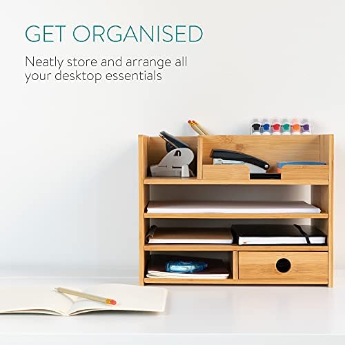 Navaris Bamboo Desk Organiser - Wooden Desktop Storage Drawers and Compartments for Organising Stationery, Documents, Files, Office Accessories - Image 4