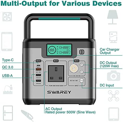 SWAREY Portable Power Station S500 518Wh 230V/500W Portable Power Generator Backup Emergency Power Supply Solar Generator for Camping Travel Fishing with Carrying Bag - Image 2