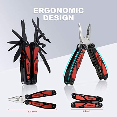 BIBURY Multitool, 14 in 1 Multitools Pliers with Can Opener, Scissors, Light, Pocket Size EDC Multi Tool with Nylon Pouch for Fishing, Outdoor Activities, Home Improvement, Camping - Red - Image 7